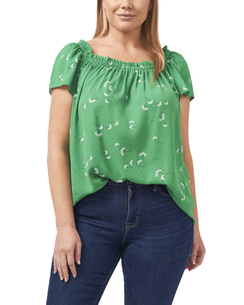 Front of a model wearing a size 1X Marcie Smocked Blouse in 352-SOFT EMERALD by CeCe. | dia_product_style_image_id:263855